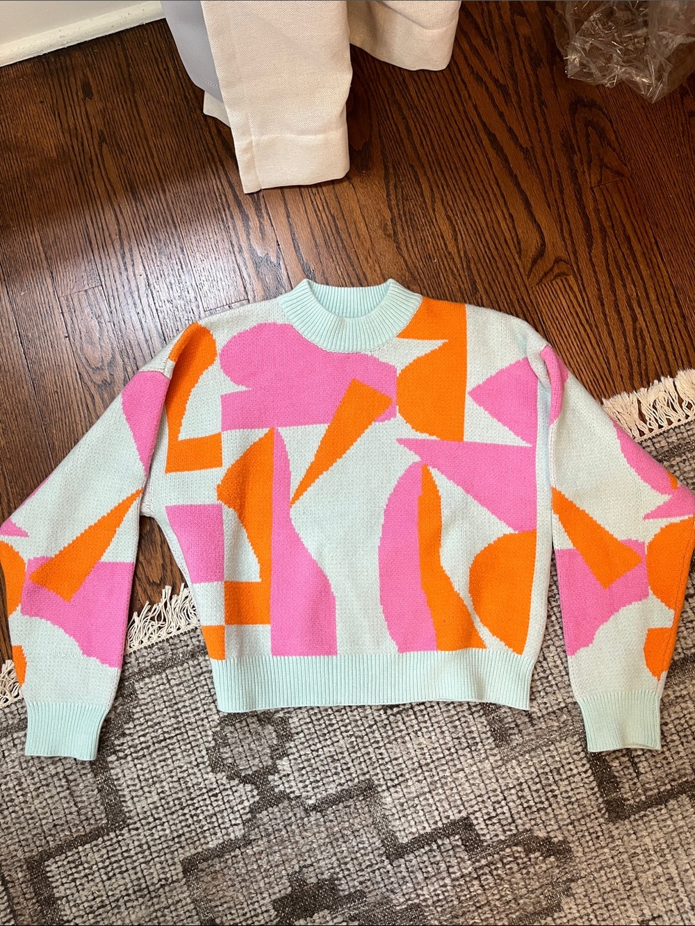 THML Mint Crewneck Sweater with Pink & Orange Abstract Colorblocks